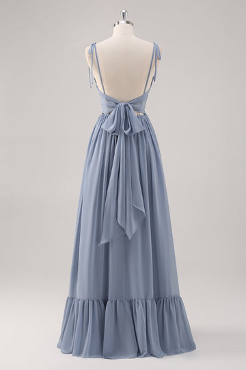 Dusty Blue A Line Corset Longue Robe de Demoiselle D’honneur Avec Fente